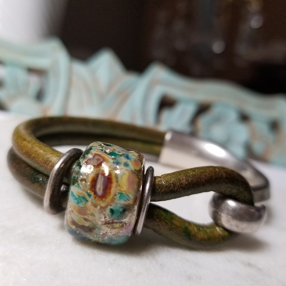 Silver Metal & Olive Leather Cord Bracelet With Bead Accent - Picture 2 of 7